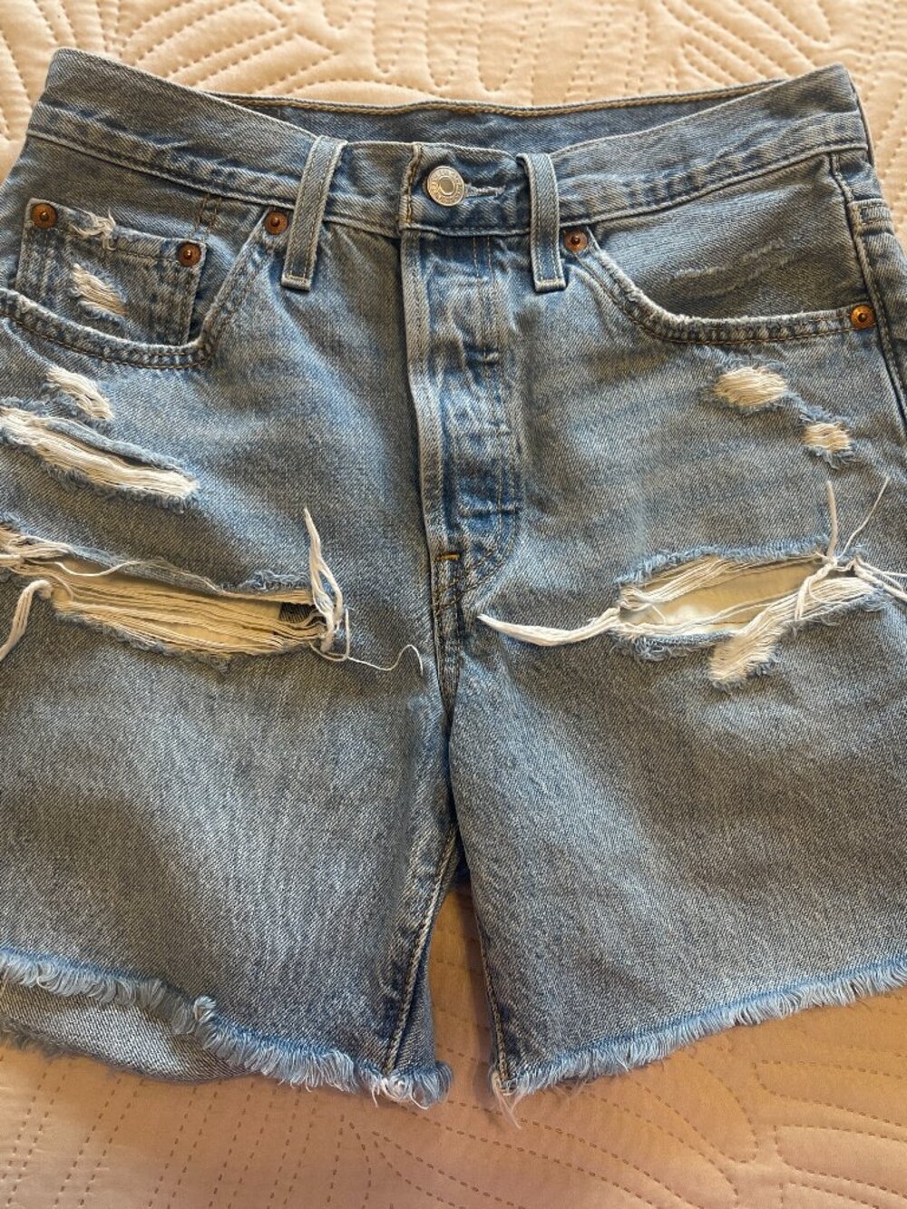 Levi's 501 Button Fly Distressed Denim Blue Jean Shorts Cut Offs High Rise 27